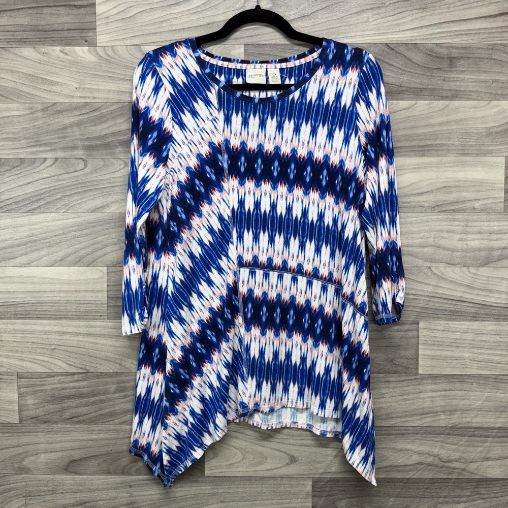 Chico's Zenergy Tunic Top Women's Small/ 0 Blue 3/4 Sleeve Asymmetrical Hem Boho